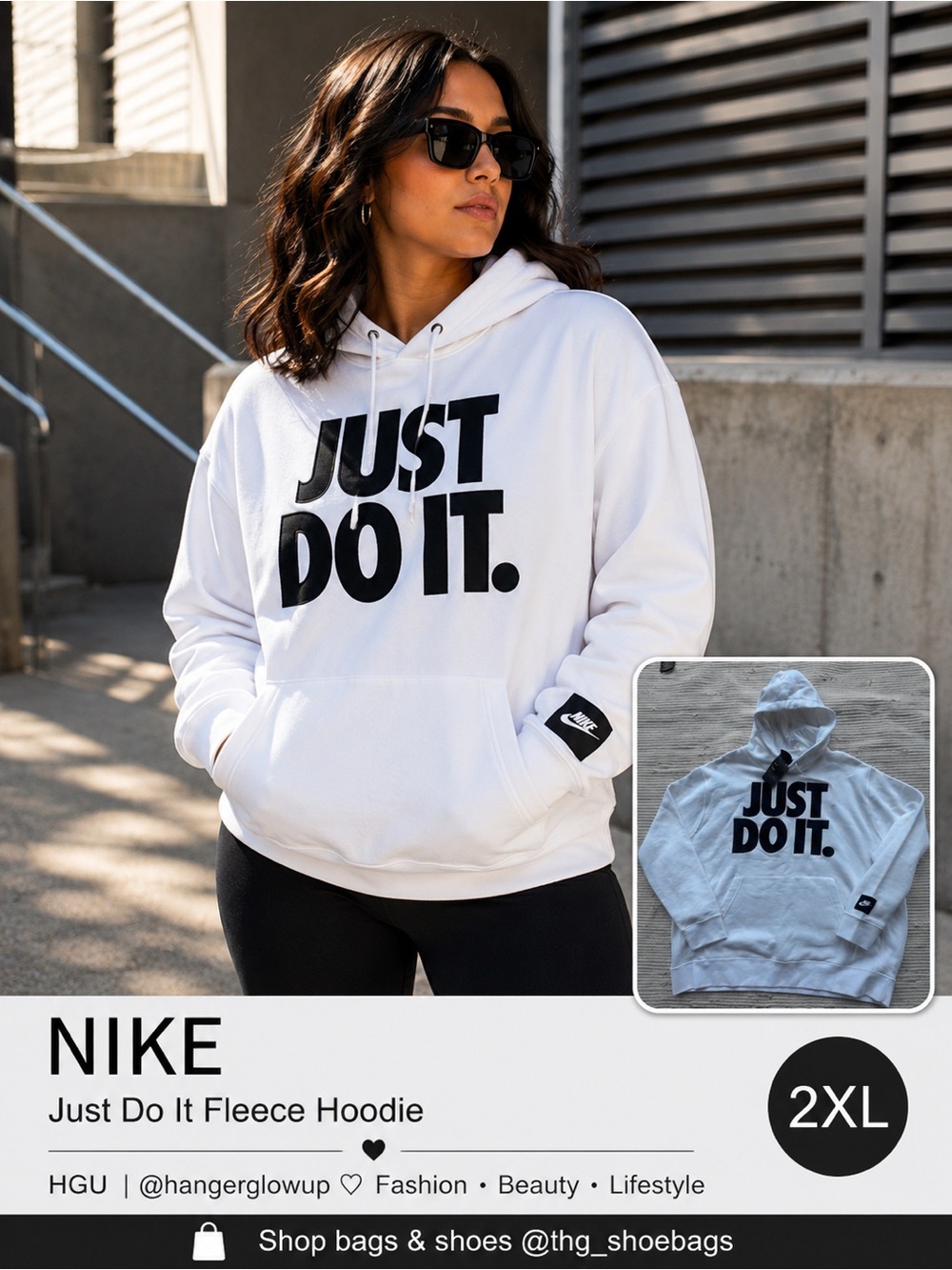 Nike Just Do It Fleece Hoodie White Black Logo Pullover JDI 2XL NWT